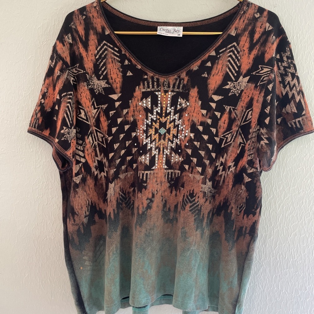 Vintage Cactus Bay Top Womens 2xl Tribal Boho Rhinestone Embellished Western‎